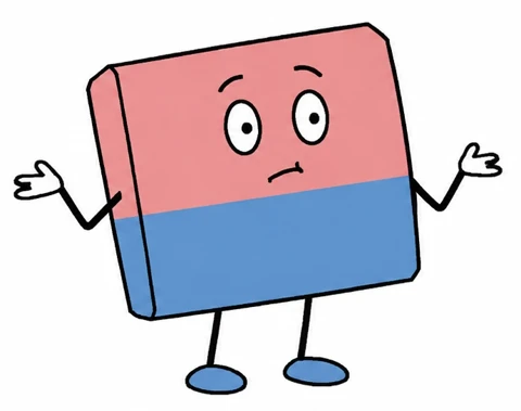 Useless, a pink and blue eraser with a worried face, shrugging