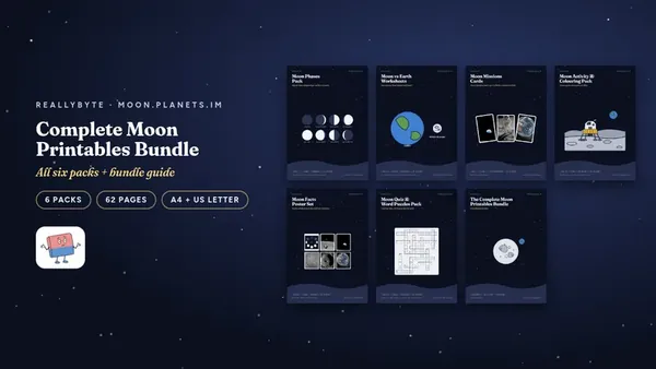 Cover of the Moon printables bundle from moon.planets.im