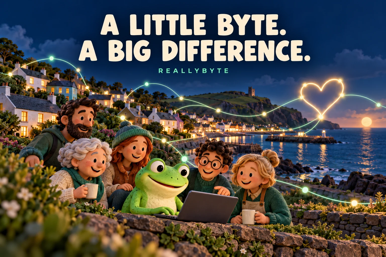 A friendly frog at a laptop with community volunteers and colourful coastal houses. A little byte. A big difference.