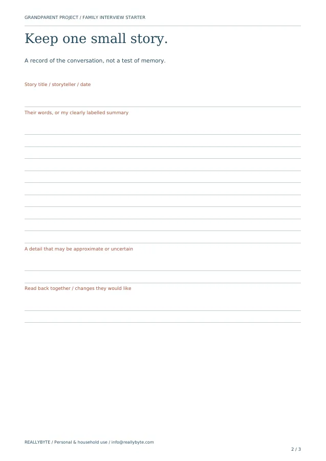 Actual inside page of Family Interview Starter Kit