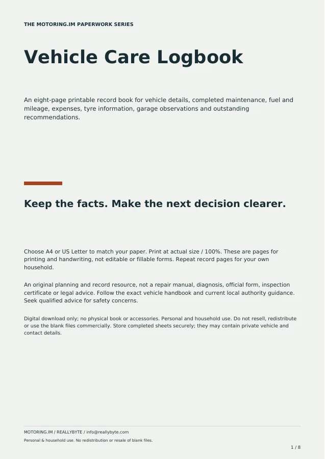 Actual first-page preview of Vehicle Care Logbook
